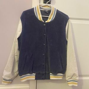 Aerie varsity bomber jacket small navy blue jacket with white sleeves and collar